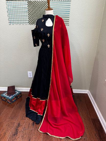 Designer Lehenga | Mehendi & Haldi Lehenga Choli | Black red Lehenga Set | Indian Wedding Guest Outfit | Pre Wedding Ceremony Dress
