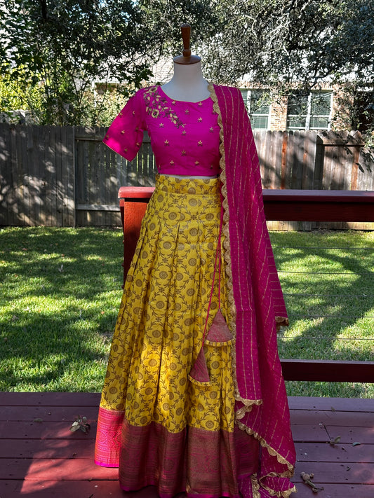 Kanchipuram Pattu Lehenga | Mehendi & Haldi Lehenga Choli | Yellow Green Floral Lehenga Set | Indian Wedding Guest Outfit | Pre Wedding Ceremony Dress