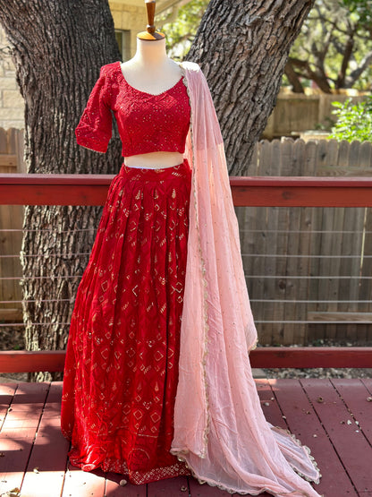 Chikankari Lehenga | Mehendi & Haldi Lehenga Choli | Red Lehenga Set | Pink Lehenga Set | Indian Wedding Guest Outfit | Pre Wedding Ceremony Dress