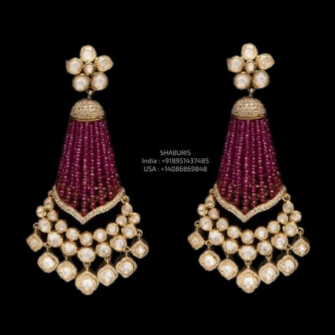 Polki Tassel Earrings - Diamond Studs - Cocktail Jewelry - 925 silver Jewelry , South Indian Jewelry,bridal choker,Indian Wedding Jewelry,pure Silver indian jewelry - SHABURIS