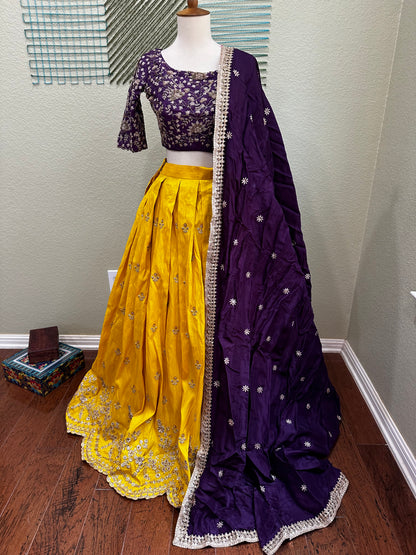 Designer Lehenga | Mehendi & Haldi Lehenga Choli | yellow purple Lehenga Set | Indian Wedding Guest Outfit | Pre Wedding Ceremony Dress