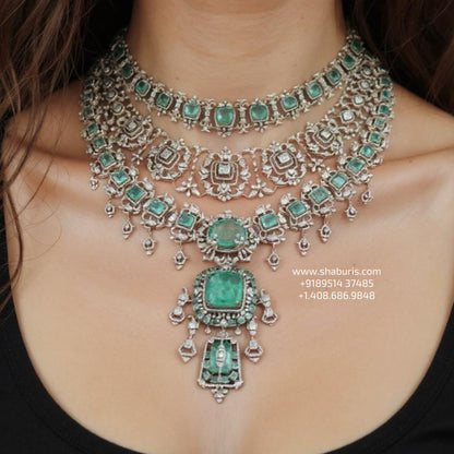 Diamond Jewelry necklace columbian emeralds statement jewelry silver necklace 925 silver with 22k gold plated - SHABURIS