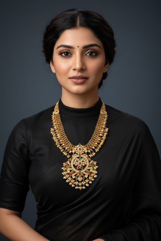 Guttapusalu necklace bridal necklace polki necklace diamond Jewelry necklace Pearl necklace statement jewelry silver necklace 925 silver with 22k gold plated - SHABURIS