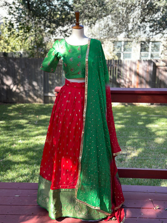 Kanchipuram Pattu Lehenga | Mehendi & Haldi Lehenga Choli | Yellow Green Floral Lehenga Set | Indian Wedding Guest Outfit | Pre Wedding Ceremony Dress