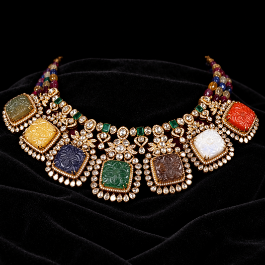 Navaratan Polki Diamond necklace silver necklace 925 silver with 22k gold plated - SHABURIS