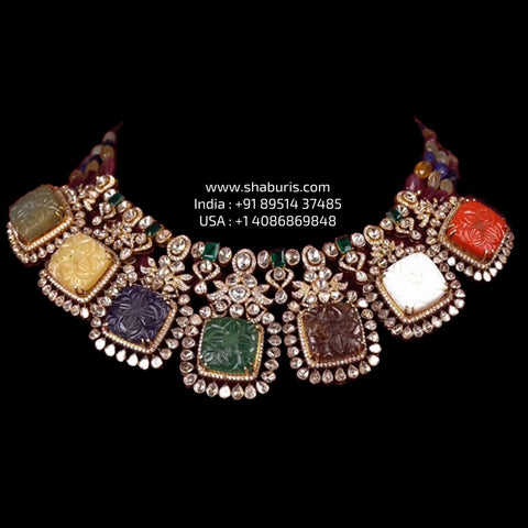 Navaratan Polki Diamond necklace silver necklace 925 silver with 22k gold plated - SHABURIS