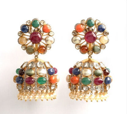 Navaratan Jhumkas 925 silver jewelry 22k gold plated - SHABURIS