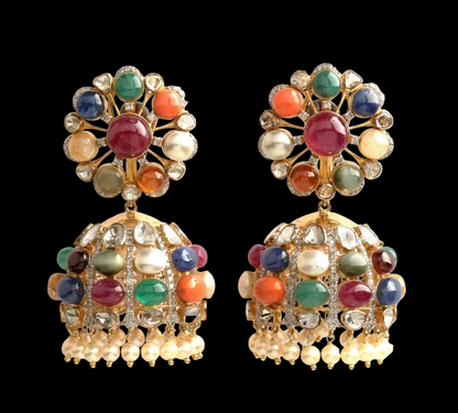 Navaratan Jhumkas 925 silver jewelry 22k gold plated - SHABURIS