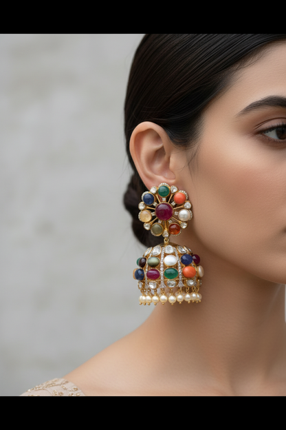 Navaratan Jhumkas 925 silver jewelry 22k gold plated - SHABURIS