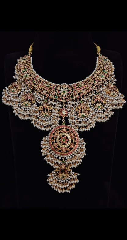 Guttapusalu Bridal necklace diamond Jewelry necklace Pearl necklace statement jewelry silver necklace 925 silver with 22k gold plated - SHABURIS