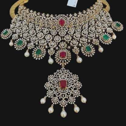 Diamond Necklace - Bridal Necklace - Wedding Necklace - 925 silver Jewelry,South Indian Jewelry,bridal choker,Indian Wedding Jewelry,pure Silver indian jewelry - SHABURIS