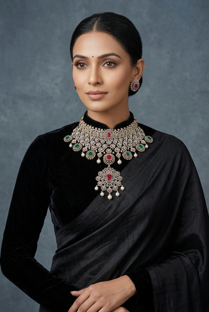 Diamond Necklace - Bridal Necklace - Wedding Necklace - 925 silver Jewelry,South Indian Jewelry,bridal choker,Indian Wedding Jewelry,pure Silver indian jewelry - SHABURIS