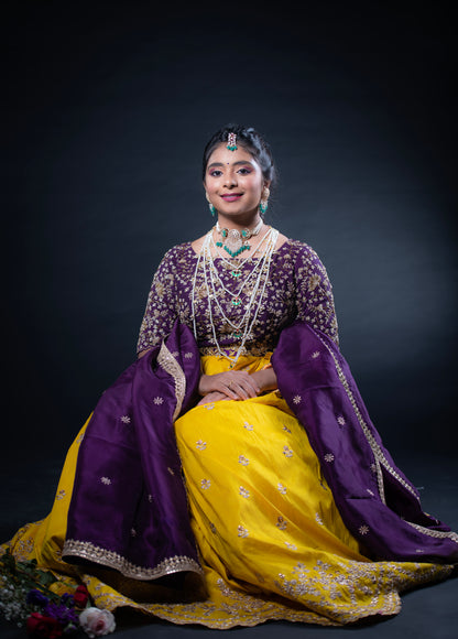 Designer Lehenga | Mehendi & Haldi Lehenga Choli | yellow purple Lehenga Set | Indian Wedding Guest Outfit | Pre Wedding Ceremony Dress