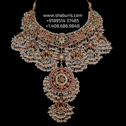 Guttapusalu Bridal necklace diamond Jewelry necklace Pearl necklace statement jewelry silver necklace 925 silver with 22k gold plated - SHABURIS