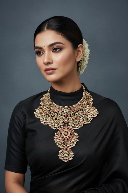 Guttapusalu Bridal necklace diamond Jewelry necklace Pearl necklace statement jewelry silver necklace 925 silver with 22k gold plated - SHABURIS