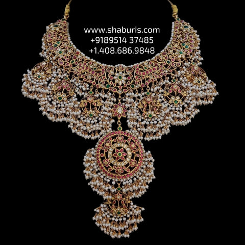 Guttapusalu Bridal necklace diamond Jewelry necklace Pearl necklace statement jewelry silver necklace 925 silver with 22k gold plated - SHABURIS