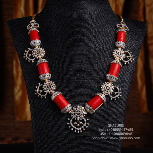 Coral necklace Pure Silver jewelry Indian diamond Necklace silver jewelry -SHABURIS