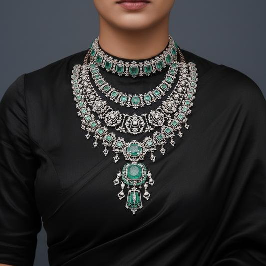 Diamond Jewelry necklace columbian emeralds statement jewelry silver necklace 925 silver with 22k gold plated - SHABURIS