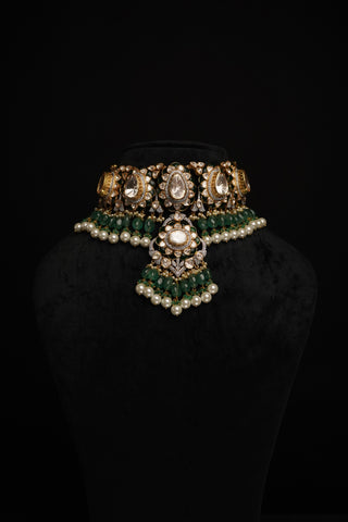 Polki Necklace - Cocktail Necklace - Wedding Necklace - 925 silver Jewelry,South Indian Jewelry,bridal choker,Indian Wedding Jewelry,pure Silver indian jewelry - SHABURIS