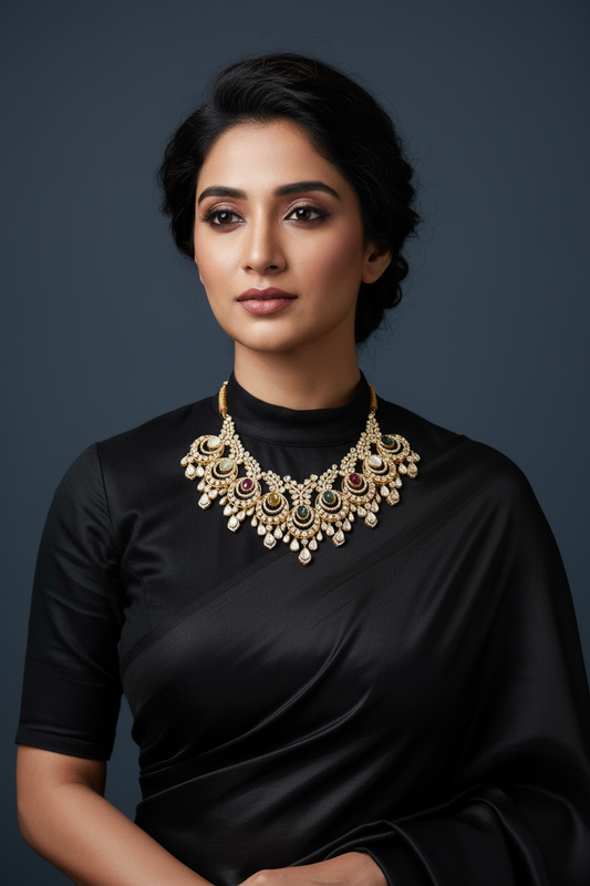 Navaratan necklace statement jewelry silver necklace 925 silver with 22k gold plated - SHABURIS