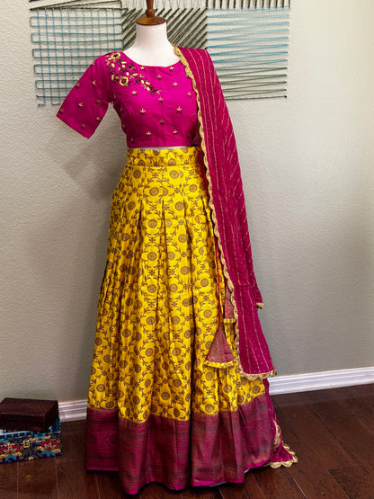 Kanchipuram Pattu Lehenga | Mehendi & Haldi Lehenga Choli | Yellow Green Floral Lehenga Set | Indian Wedding Guest Outfit | Pre Wedding Ceremony Dress