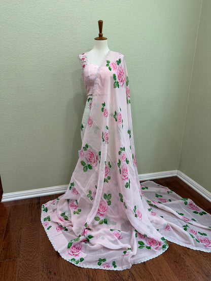 Cocktail saree with Blouse  - Baby Pink Floral