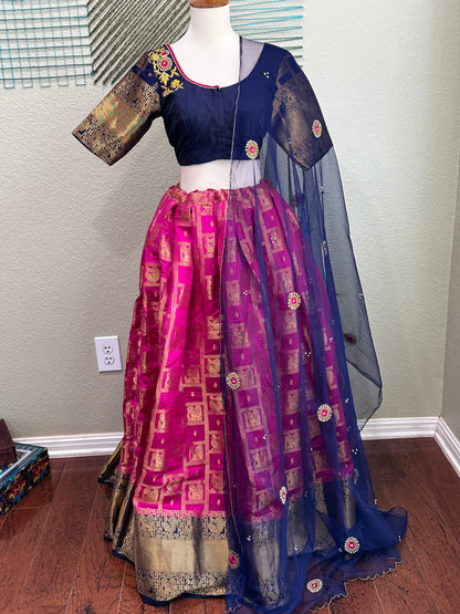 Kanchi pattu Lehenga | Mehendi & Haldi Lehenga Choli | pink Lehenga Set | Indian Wedding Guest Outfit | Pre Wedding Ceremony Dress