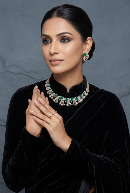 Diamond Necklace - 925 silver Jewelry,South Indian Jewelry,bridal choker,Indian Wedding Jewelry,pure Silver indian jewelry - NIHIRA - SHABURIS