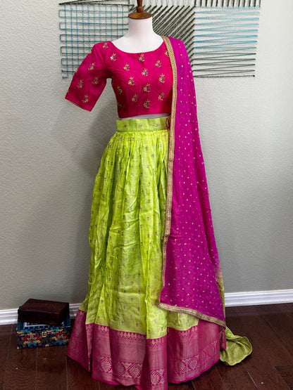 Kanchipuram Pattu Lehenga | Mehendi & Haldi Lehenga Choli | Yellow Green Floral Lehenga Set | Indian Wedding Guest Outfit | Pre Wedding Ceremony Dress