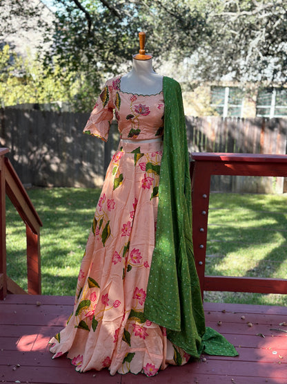 Floral Lehenga | Mehendi & Haldi Lehenga Choli | Green Lehenga Set | Pink Lehenga Set | Indian Wedding Guest Outfit | Pre Wedding Ceremony Dress