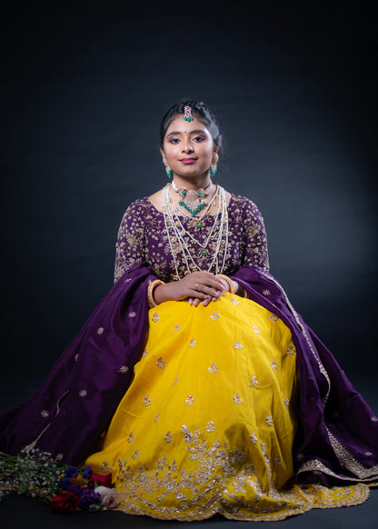 Designer Lehenga | Mehendi & Haldi Lehenga Choli | yellow purple Lehenga Set | Indian Wedding Guest Outfit | Pre Wedding Ceremony Dress