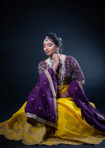 Designer Lehenga | Mehendi & Haldi Lehenga Choli | yellow purple Lehenga Set | Indian Wedding Guest Outfit | Pre Wedding Ceremony Dress