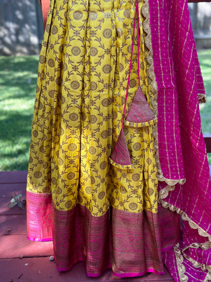 Kanchipuram Pattu Lehenga | Mehendi & Haldi Lehenga Choli | Yellow Green Floral Lehenga Set | Indian Wedding Guest Outfit | Pre Wedding Ceremony Dress