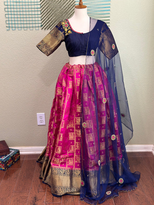 Kanchi pattu Lehenga | Mehendi & Haldi Lehenga Choli | pink Lehenga Set | Indian Wedding Guest Outfit | Pre Wedding Ceremony Dress
