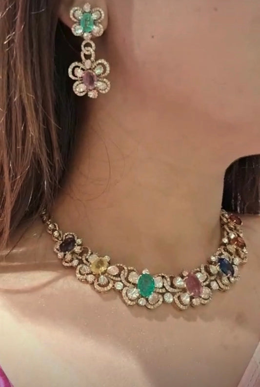Cocktail necklace navaratan necklace diamond necklace 925 silver jewelry 22k gold plated - SHABURIS