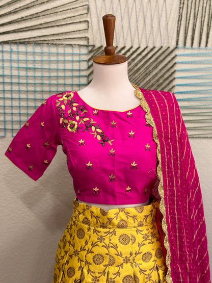Kanchipuram Pattu Lehenga | Mehendi & Haldi Lehenga Choli | Yellow Green Floral Lehenga Set | Indian Wedding Guest Outfit | Pre Wedding Ceremony Dress