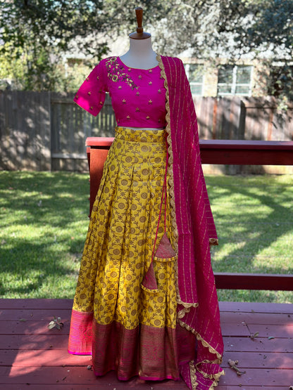 Kanchipuram Pattu Lehenga | Mehendi & Haldi Lehenga Choli | Yellow Green Floral Lehenga Set | Indian Wedding Guest Outfit | Pre Wedding Ceremony Dress