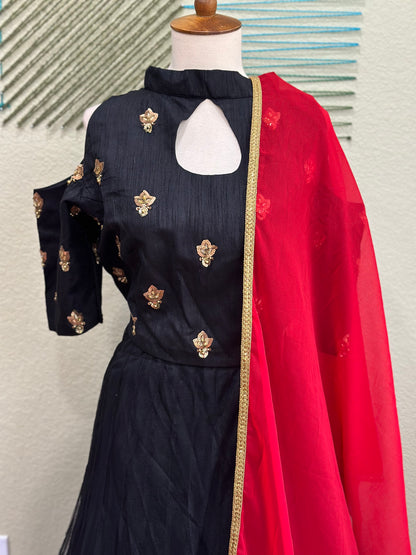 Designer Lehenga | Mehendi & Haldi Lehenga Choli | Black red Lehenga Set | Indian Wedding Guest Outfit | Pre Wedding Ceremony Dress