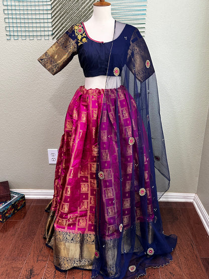 Kanchi pattu Lehenga | Mehendi & Haldi Lehenga Choli | pink Lehenga Set | Indian Wedding Guest Outfit | Pre Wedding Ceremony Dress