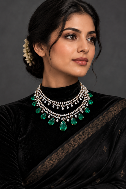 Emerald necklace Pure Silver jewelry Indian ,diamond Necklace-SHABURIS