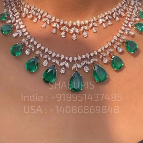 Emerald necklace Pure Silver jewelry Indian ,diamond Necklace-SHABURIS