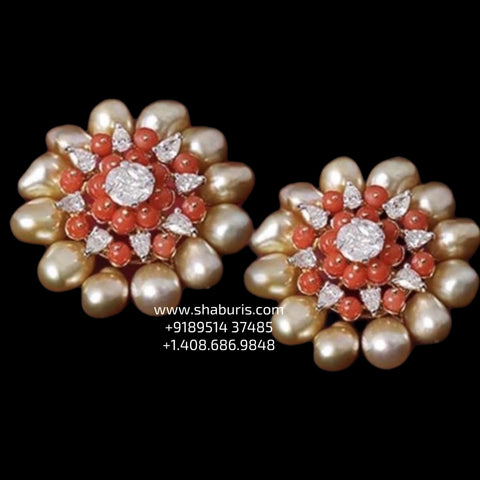 Coral Studs - Cocktail Earrings - Diamond Studs - 925 silver Jewelry , South Indian Jewelry,bridal choker,Indian Wedding Jewelry,pure Silver indian jewelry - SHABURIS