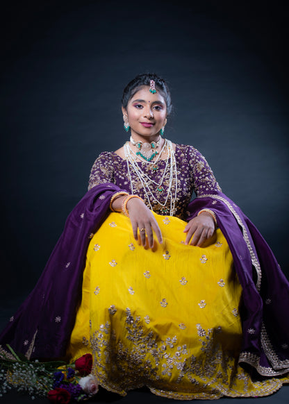 Designer Lehenga | Mehendi & Haldi Lehenga Choli | yellow purple Lehenga Set | Indian Wedding Guest Outfit | Pre Wedding Ceremony Dress
