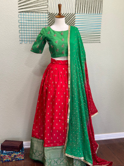 Kanchipuram Pattu Lehenga | Mehendi & Haldi Lehenga Choli | Yellow Green Floral Lehenga Set | Indian Wedding Guest Outfit | Pre Wedding Ceremony Dress