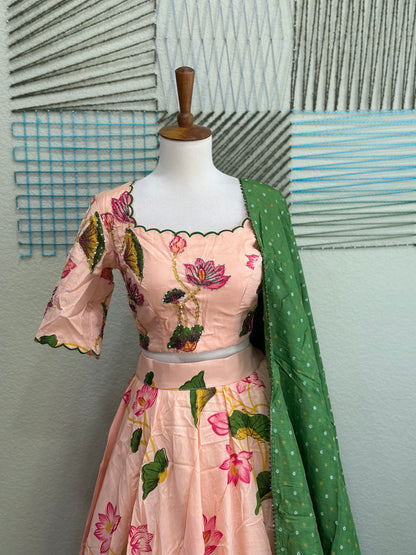 Floral Lehenga | Mehendi & Haldi Lehenga Choli | Green Lehenga Set | Pink Lehenga Set | Indian Wedding Guest Outfit | Pre Wedding Ceremony Dress