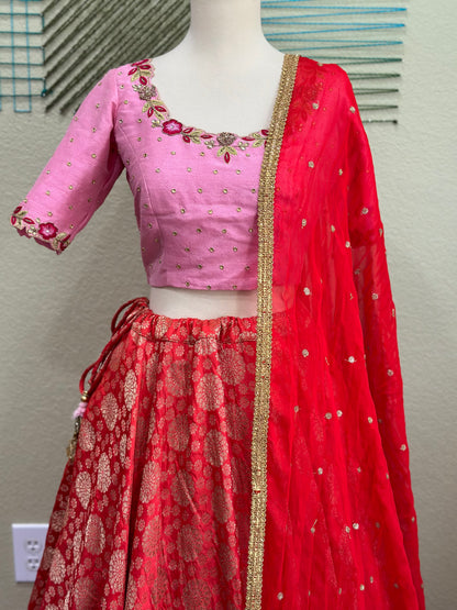 Banarasi Pattu Lehenga | Mehendi & Haldi Lehenga Choli | Red & pink Lehenga Set | Indian Wedding Guest Outfit | Pre Wedding Ceremony Dress