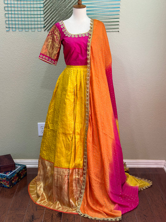 Kanchipuram Pattu Lehenga | Mehendi & Haldi Lehenga Choli | Yellow Green Floral Lehenga Set | Indian Wedding Guest Outfit | Pre Wedding Ceremony Dress