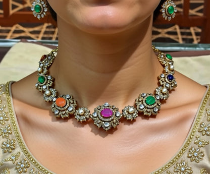 Navaratan necklace diamond necklace 925 silver jewelry 22k gold plated - SHABURIS