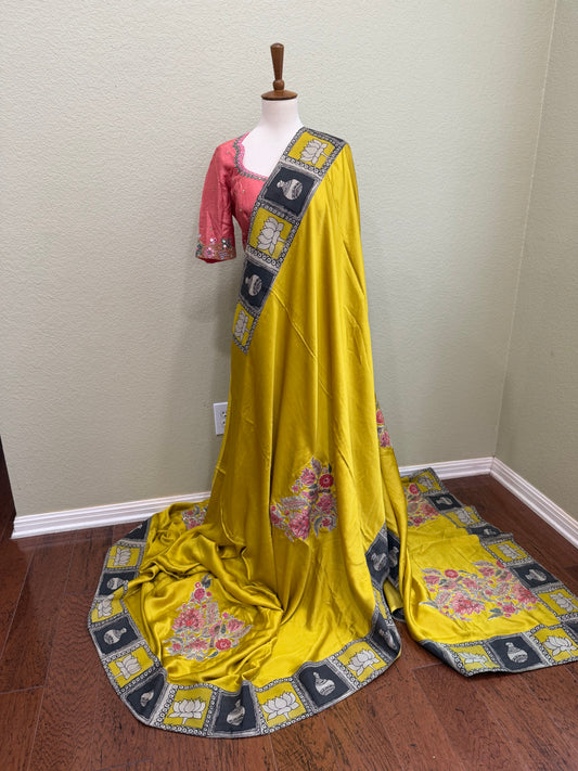 Applique Kalamkari saree with Blouse - Sampenga Green