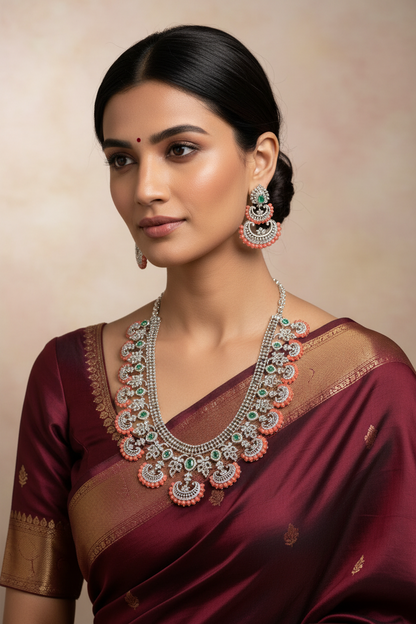 Coral bottu mala necklace diamond necklace 925 silver jewelry 22k gold plated - SHABURIS